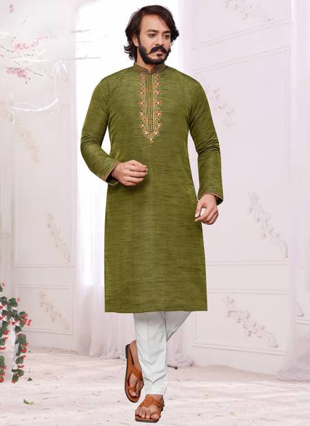 Green Colour Exclusive Festive Wear Art Silk Embroidery Work Kurta Pajama Mens Collection 38004